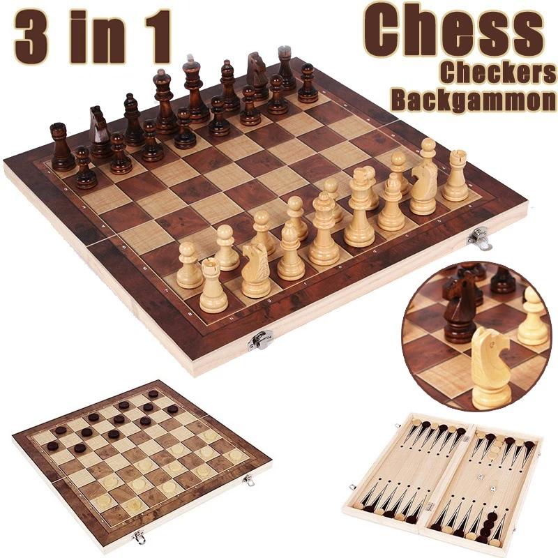 Board Game Vantage - 3 in 1 チェスボード、折りたたみ木製ポータブルチェスゲームボード、大人用木製チェスボード (チェス +