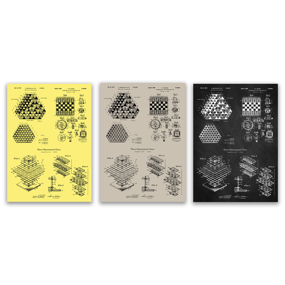 Board Game For 3 Players - 3人用チェス、チェス盤の図面ポスター、米国特許図、チェッカーボードプリント、ボードゲームルームの装飾、ボードゲームギフト
