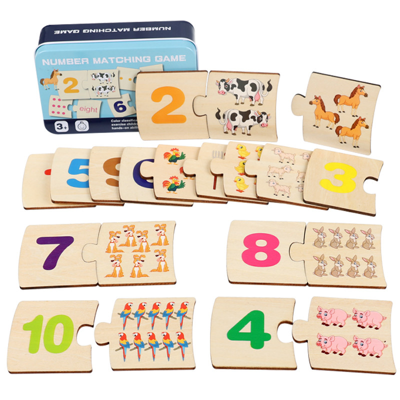 Board Game Box - 子供向け鉄箱ナンバー啓発ペアリング木製動物フードパズルボード論理的思考トレーニングゲーム知育玩具
