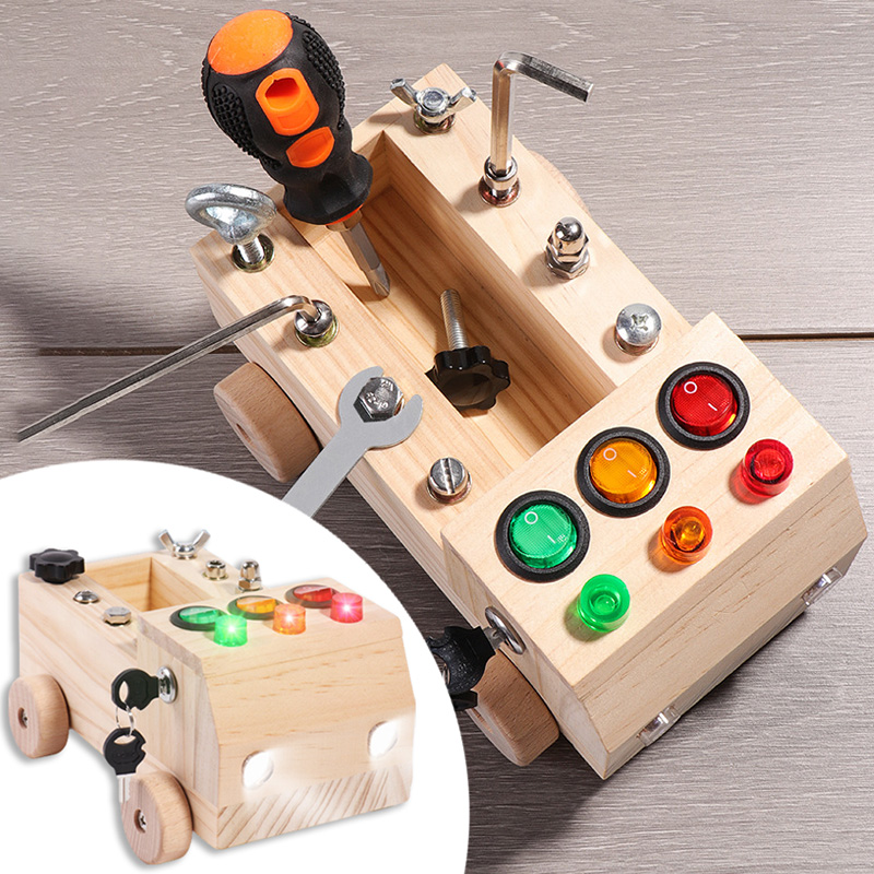 Board Game Box - 木製モンテッソーリビジーボード感覚おもちゃスイッチコントロールボックスLEDライトツールカートネジゲーム早期学習おもちゃ2-4歳用